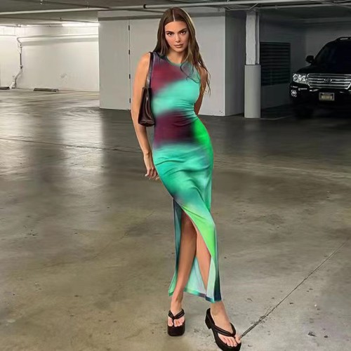Women Tie-Dye Print Slit Sleeveless Dress