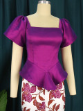 Women Square Neck Lantern Sleeves Irregular Top+ Printed Slit Skirt Two Piece Set