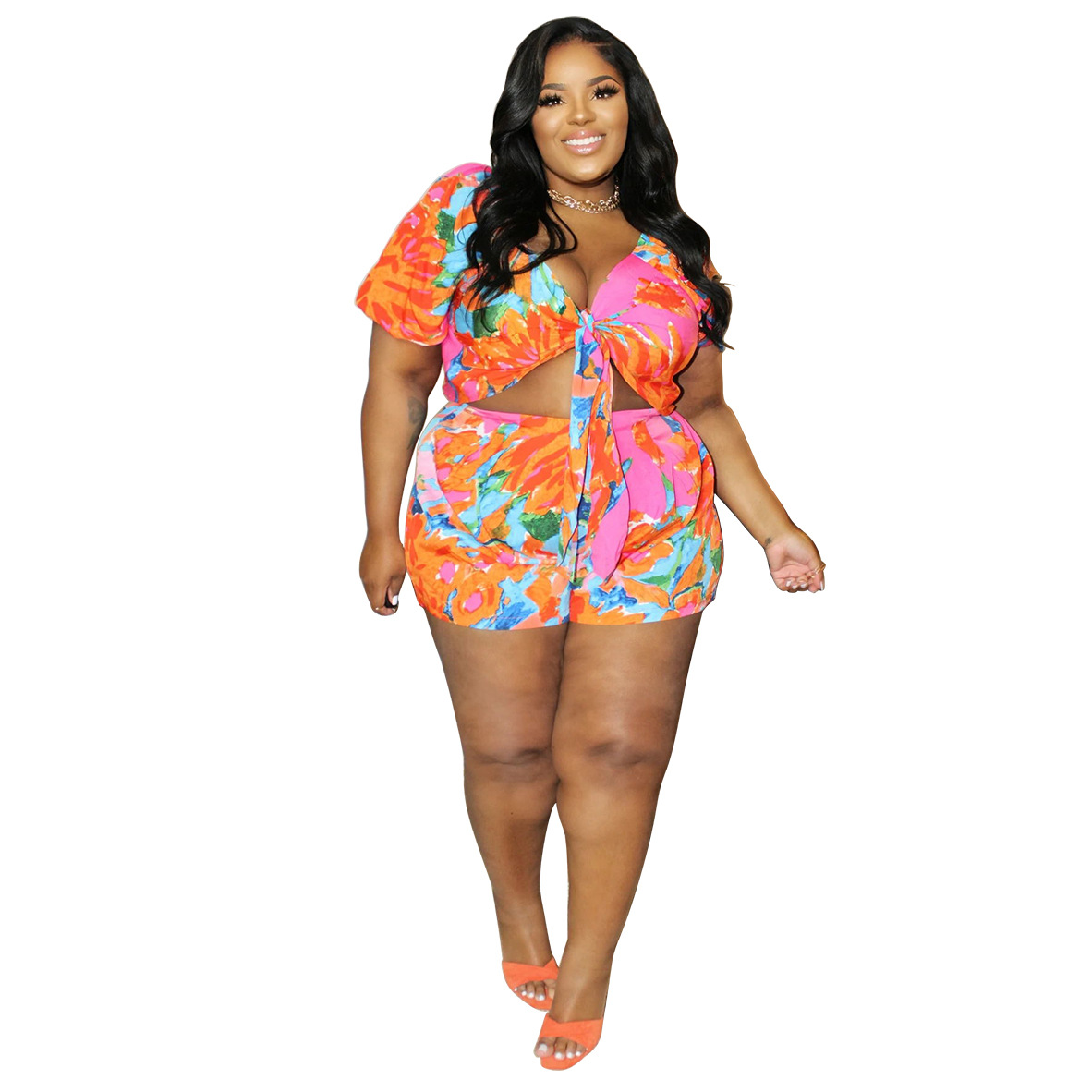 Plus Size Casual Outfits Set, Women's Plus Slogan Print Short Sleeve Round  Neck Top & Cut Out Shorts Outfits Two Piece Set