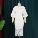 Plus Size Women Lantern Sleeve Vintage Lace Cut Out Bodycon Dress