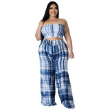 Plus Size Women Tie-Dye Print Crop Top + Pants Two-Piece Set