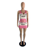 Women Summer Print Vest + Skirt Two-piece Set