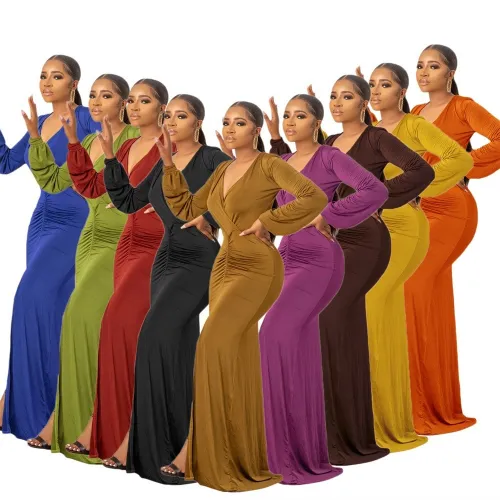 Women Casual Long Sleeve Solid V-Neck - Long Dress