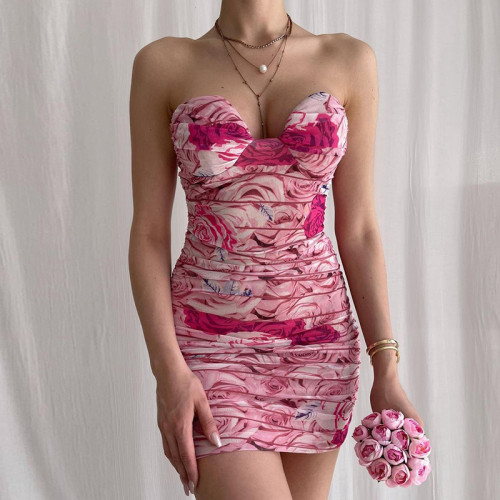 Gedrukte strapless off-shoulder geplooide bodycon-jurk voor dames