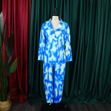 Women fashion autumn and winter tie-dye printed suit jacket + trousers two-piece set