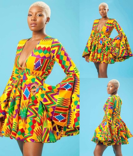 Африканский стиль Цифровая печать Женская летняя мода V-образным вырезом Шикарное платье с длинным рукавом и расклешенным низом
