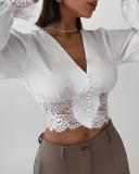 women's white patchwork vintage long sleeve v-neck lace cropped top
