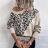 Umlegekragen Leopard Pullover Damen Herbst/Winter Sexy Drop Shoulder Strickhemd