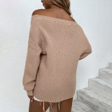 Camisa de punto con hombros descubiertos de color liso Suéter con cordones de otoño invierno para mujer