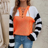 Camisa de tricô listrada Colorblock pulôver feminino outono e inverno suéter feminino com renda