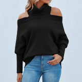 Einfarbiges Turndown-Kragen-Strickhemd Herbst und Winter Sexy Leaky Shoulder Sweater Women