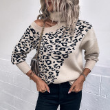 Suéter de leopardo con cuello vuelto Camisa de tejer con hombros caídos sexy para otoño/invierno para mujer