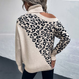 Женский леопардовый свитер с отложным воротником, осенне-зимняя сексуальная вязаная рубашка с заниженным плечом