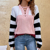 Colorblock striped knitting shirt women's autumn and winter pullover Lace-Up sweater women