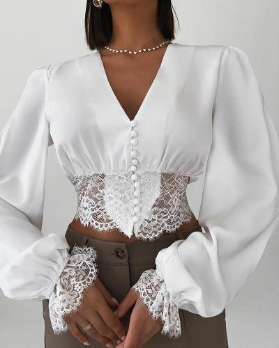 women's white patchwork vintage long sleeve v-neck lace cropped top