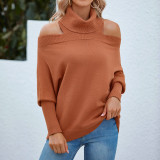 Solid Color Turndown Collar Knitting Shirt Autumn and Winter Sexy Leaky Shoulder Sweater Women