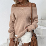 Solid Color Off Shoulder Knitting Shirt Women's Autumn Winter Lace-Up Sweater