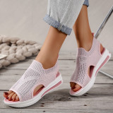 Women's Spring Sneakers Plus Size Thick Sole Round Toe Color Block Flyknit Mesh Slip-On Lazy Casual Shoes