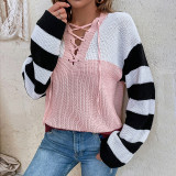 Colorblock striped knitting shirt women's autumn and winter pullover Lace-Up sweater women