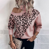 Maglia da donna autunno/inverno sexy con spalle scoperte, maglione leopardato con colletto turndown