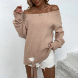 Solid Color Off Shoulder Knitting Shirt Women's Autumn Winter Lace-Up Sweater