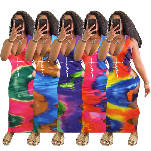 Moda Bayanlar Yaz Batik Kolsuz Kesme Artı Boyutu Seksi Kadınlar Maxi Elbise
