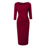 Career Ladies Square Neck 3/4 Sleeve Patchwork Ruched Tight Fitting Midi Dress