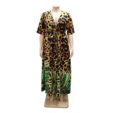 Ladies Lace-Up Belted Leaf Leopard Print Cardigan Plus Size Dress