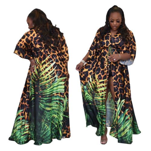 Vestido de talla grande con estampado de leopardo y hojas con cinturón para mujer