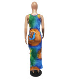 Fashion Ladies Summer Tie Dye Sleeveless Cutout Plus Size Sexy Women Maxi Dress