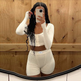 Fall Fashion Women'S High Waist Stretch Long Sleeve Two Pieces Basic Casual U-Neck Open Wasit Button Shorts Suit