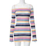 Fall Sexy Contrast Striped Long Sleeve Off Shoulder Slim Fit Knitted Bodycon Dress