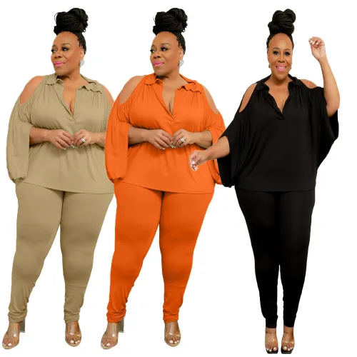 Fashion Women'S Solid Color Cutout Batwing Sleeve Casual Two Piece Plus Size Women'S Pants Set