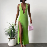 Summer Fashion Solid Color Sexy Deep V High Slit Sleeveless Long Dress