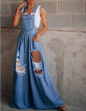 Fall Women'S Solid Casual Loose Ripped Denim Women'S Overalls Wide Leg Suspender Trousers