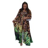 Ladies Lace-Up Belted Leaf Leopard Print Cardigan Plus Size Dress
