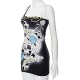 Women'S Summer Skull Print Sexy Slash Shoulder Strap Tight Fitting Bodycon Dress