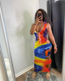 Fashion Ladies Summer Tie Dye Sleeveless Cutout Plus Size Sexy Women Maxi Dress