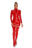 Plus Size High Stretch Shiny Pu Leather Erotic Lingerie Nightclub Zip Long Sleeve Tight Fitting Dress