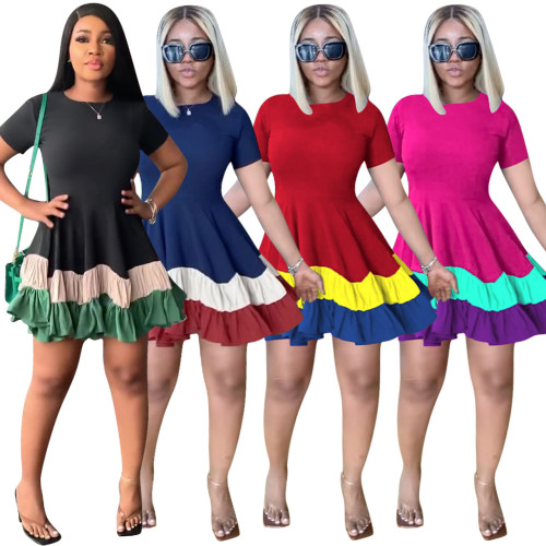 Moda Patchwork Kontrast Renkli Günlük Kısa Kollu İnce A-Şekilli Salıncak Elbise