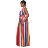 Women'S Chiffon Stripe Cross Halter Neck Low Back Maxi Dress