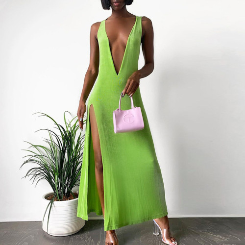 Yaz Modası Düz ​​Renk Seksi Derin V Yüksek Yarık Kolsuz Uzun Elbise