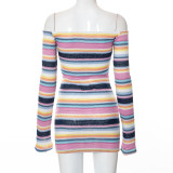 Fall Sexy Contrast Striped Long Sleeve Off Shoulder Slim Fit Knitted Bodycon Dress