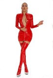 Plus Size High Stretch Shiny Pu Leather Erotic Lingerie Nightclub Zip Long Sleeve Tight Fitting Dress