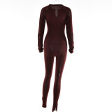 Sexy Tight Fitting Fashion Versatile Striped Knitting Long Sleeve Women'S Jumpsuit