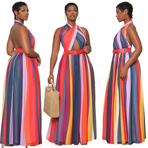 Women'S Chiffon Stripe Cross Halter Neck Low Back Maxi Dress