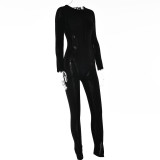 Sexy Tight Fitting Fashion Versatile Striped Knitting Long Sleeve Women'S Jumpsuit