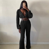 Women'S Autumn V-Neck Long Sleeve High Waist Straight Loose Knitting Pleated Wide Leg Casual Pants Set Sexy Suit