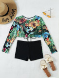 Womens Sexy Print Cutout Backless Long Sleeve Top And Boxes Two Pieces Swimwear