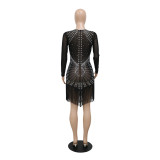 Kadın Transparan Yuvarlak Yaka Uzun Kollu Yapay Elmas Fringe Elbise